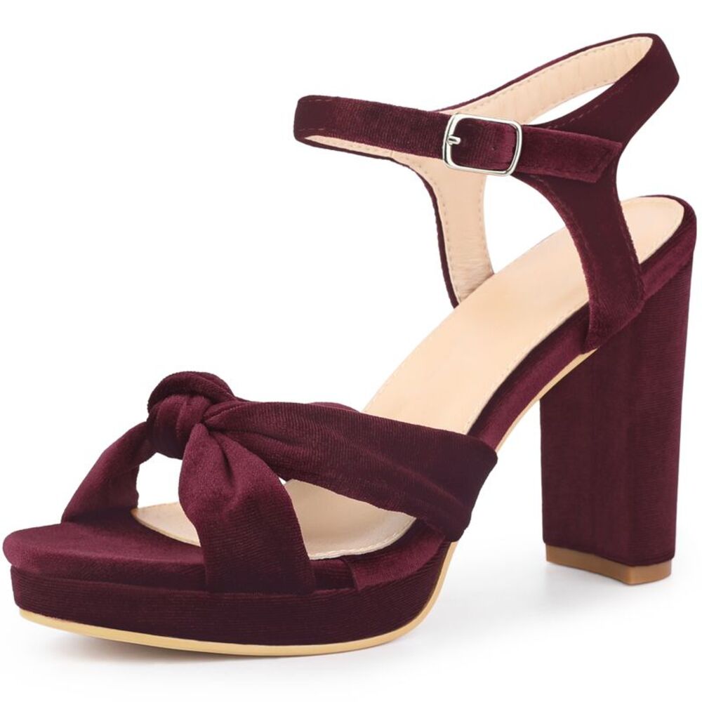 Knot Platform Slingback Faux Velvet Block Heel Sandals, Burgundy